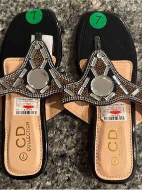 IC COLLECTION Black Slide Sandals with Silver Mirror Accents